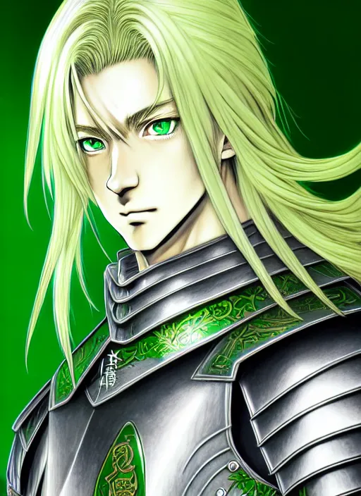 Image similar to a detailed manga full body portrait illustration of a man with long blonde hair wearing bladed jade green armour by hirohiko araki, detailed artwork, realism, 4 k resolution, detailed, high quality, sharp focus, hq artwork, insane detail, volumetric lighting, character concept art, fine details, clear subject, central subject