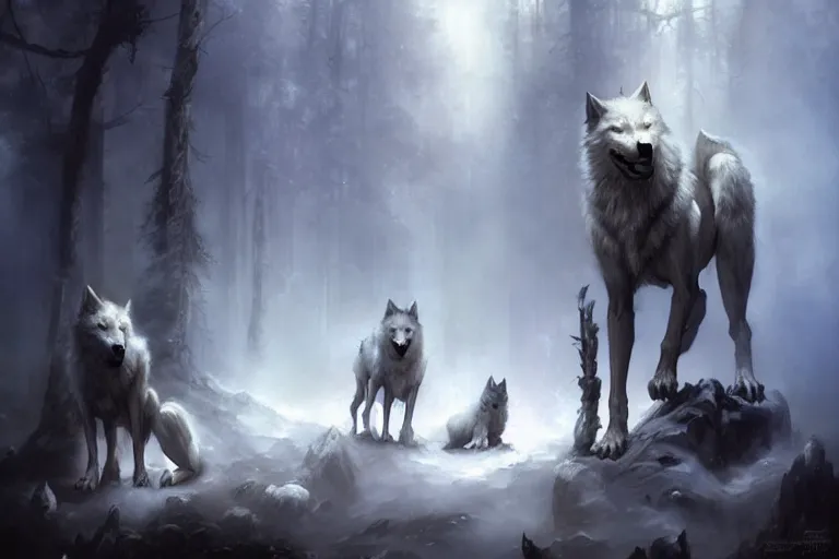 Prompt: white magical wolves made of magical electrical energy, painted by Bastien Lecouffe-Deharme, Frank Frazetta, 4k, 8k, HD