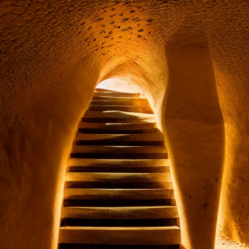 Prompt: Penrose stairs inside of sandy Egyptian catacombs, amber sunset lighting, sand waterfalls