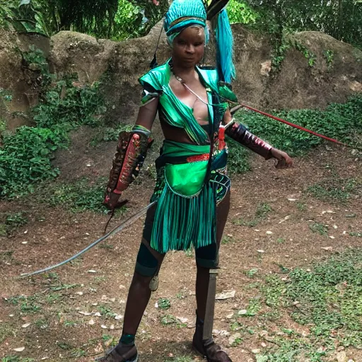 Prompt: photo of a female archer with malachite armour