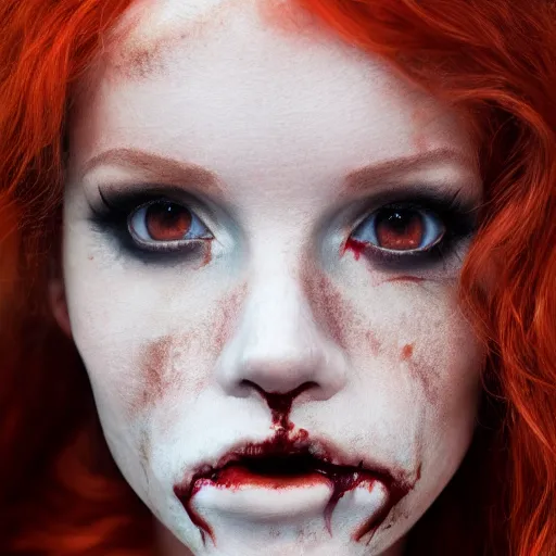 Prompt: close up portrait photo of a real beauty redhead zombie, 8k,