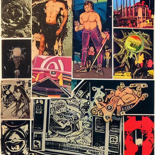 Prompt: 1990 xerox fanzine cutout collage, ancient greek, lunch time on Jupiter, punk party, aquatical plants, painted part by Kilian Eng, part by Leonardo DaVinci, part by Tom of Finland, composition by moebius, 35mm, graflex