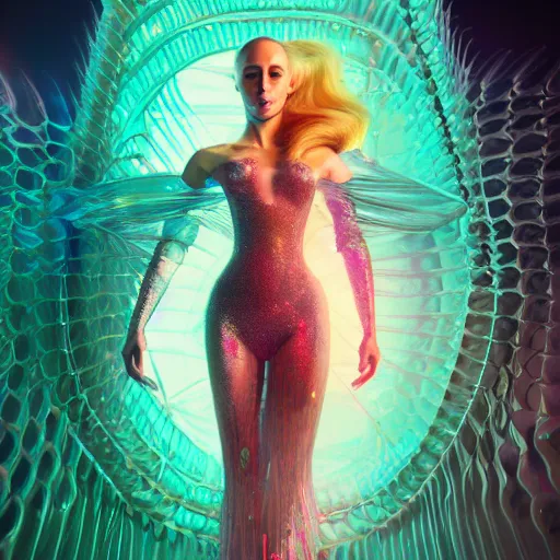 Image similar to 8 k octane render, photo realistic, haute couture, iris van herpen, mugler, techno mystic, inanna ashteroth with aqua neon rapunzel dreadlocks, nautical siren, princess intergalactica, gateway to futurisma