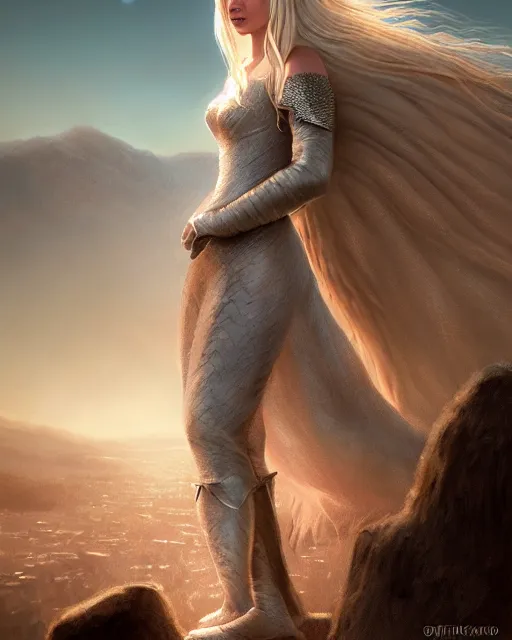 Image similar to portrait of happy beautiful daenerys targaryen with long blonde windblown hair and dragonskin armor, standing on a ledge of a mountain with dragons next to her, glamour pose, detailed illustration, digital art, trending on artstation, soft ambient lighting, volumetric lighting, rim lighting, yoshitaka amano, daniel merriam, arney freytag