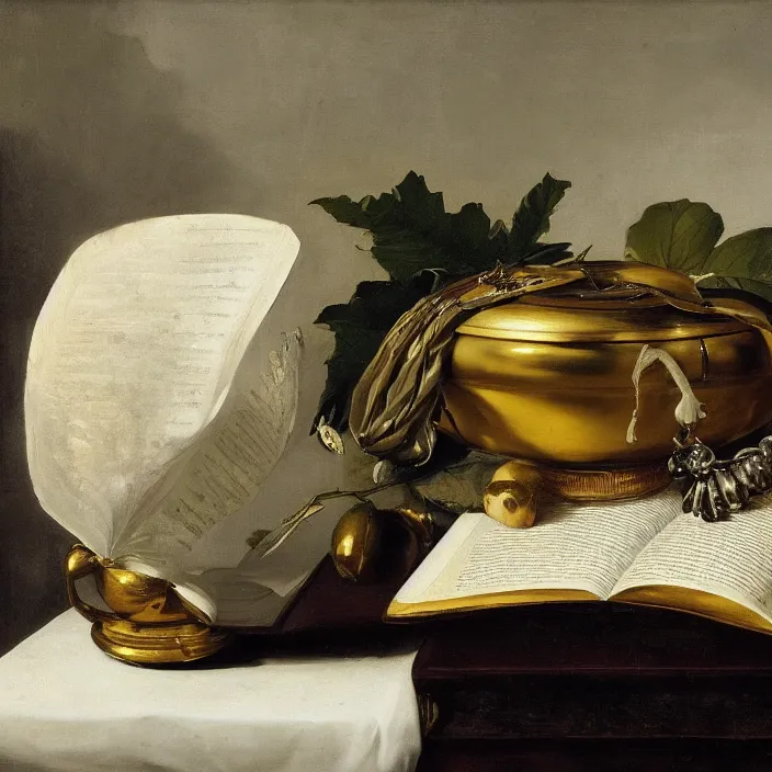 Image similar to still life painting of large book and greenery by pieter claesz, oil on canvas, strong lighting, highly detailed, hyper realism, golden hour, god rays, hd, 4 k