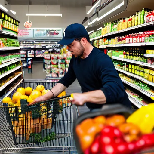 Image similar to 85mm photo of wolverine grocery shopping with claws out, dslr photography