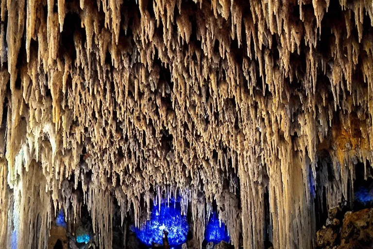 Prompt: “ an underground cave with stalactites and stalagmites in stained glass. by antoni gaudi. ”