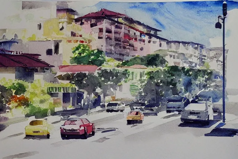 Image similar to !! watercolor!! penang road in a sunny day, artwork by tooth wu, colorful contrast,!! very coherent!!, dark shadow, thick lineart