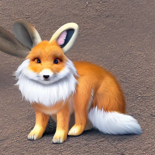 Image similar to a photorealistic adorable zany girly alluring chubby charming but slightly terrifying fennic fox wolf rabbit hybrid, with long floppy rabbit ears, wearing a bow on the top of its head, grinning at the camera with a mischievous look, sharp teeth, happy lighting, at a tropical beach