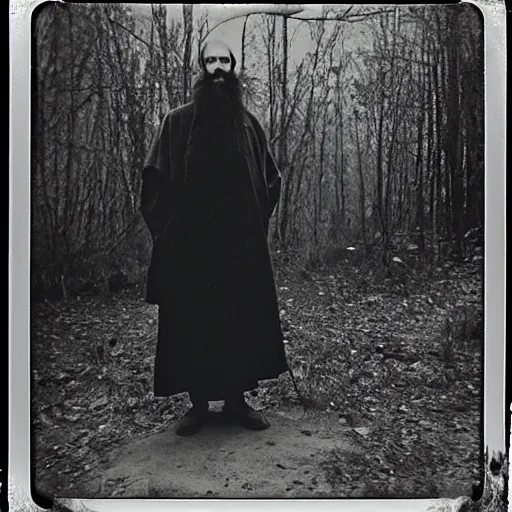 Image similar to trail _ camera _ photo _ of _ a _ breaton monks looking like rasputin with some ghost and spirits _ realistic _ spooky _ grimdark _ night _ black _ and _ white, polaroid