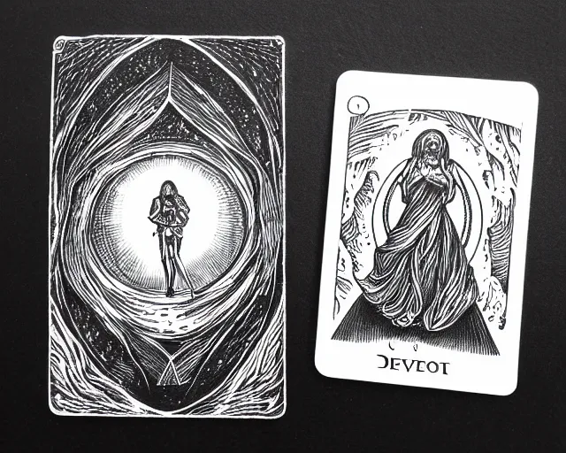 Prompt: The Deviant Moon tarot card, detailed, white in on black paper