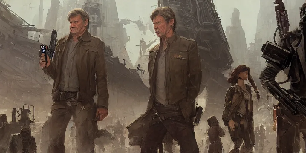 Prompt: a highly detailed epic cinematic concept art CG render digital painting artwork: wide shot of Soviet dieselpunk Han Solo played by Harrison Ford directed by David Fincher. By Greg Rutkowski, Ilya Kuvshinov, WLOP, Stanley Artgerm Lau, Ruan Jia and Fenghua Zhong, trending on ArtStation, subtle muted cinematic colors, made in Maya, Blender and Photoshop, octane render, excellent composition, cinematic atmosphere, dynamic dramatic cinematic lighting, precise correct anatomy, aesthetic, very inspirational, arthouse