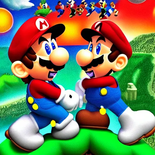 Prompt: mario and luigi holding hands on top of the mountain, highly detailed, photorealistic
