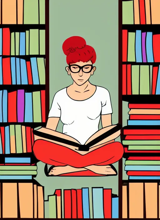 Prompt: a young woman with red hair in a bun and glasses sits cross legged on top of a tall pile of books. she is reading. clean pretty cartoon painting, flat colors with no shading.