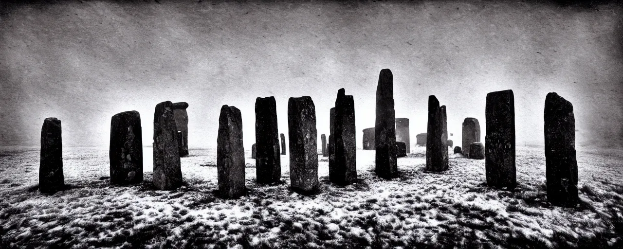 Prompt: an aerial view photograph of neolithic standing stones, solarised, by joel peter witkin, 1 8 0 0 s vintage, drone photography, grainy, snow, highly detailed, gloomy and foggy atmosphere, octane render, bleach bypass, cinematic lighting, photographic emulsion cracked and peeling, tri - x, 8 k, hd