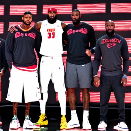 Prompt: three short men stacked on top of each other standing next to lebron james