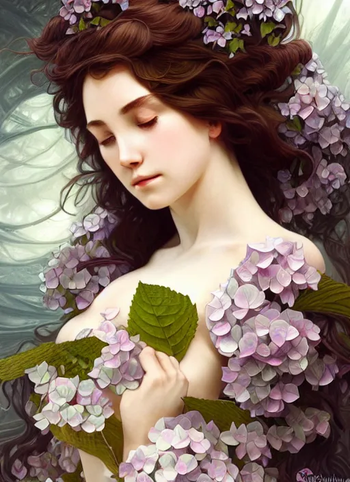 Prompt: a photographic portrait of a seductive sleeping anthropomorphic hydrangea blossom with a perfect face, fantasy, wind blowing hair, intricate, elegant, very very highly detailed, digital painting, artstation, concept art, smooth, super sharp focus, illustration, art by artgerm and h r giger and alphonse mucha