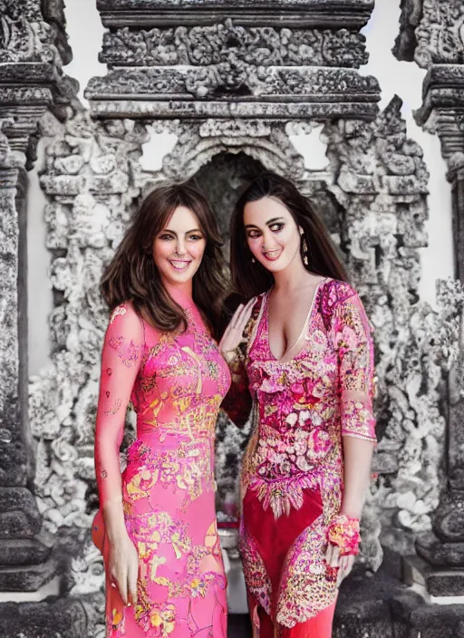 Image similar to portrait of elizabeth hurley and katy perry wearing kebaya in bali temple, by charlotte grimm, natural light, detailed face, beautiful features, symmetrical, canon eos c 3 0 0, ƒ 1. 8, 3 5 mm, 8 k, medium - format print, half body shot