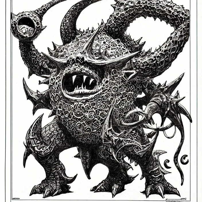 Image similar to a nintendo octorok as a d & d monster, pen - and - ink illustration, etching, by russ nicholson, david a trampier, larry elmore, 1 9 8 1, hq scan, intricate details, high contrast