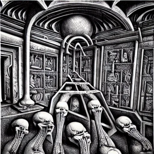 Image similar to mehmet paterns, hr giger, mc escher style djinns