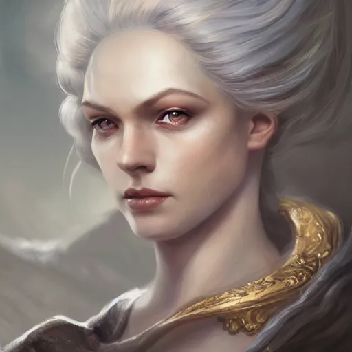 Image similar to a detailed matte head - on portrait painting of an middle - aged half - tiefling noblewoman with golden eyes and short well kept hair, by charlie bowater, lise deharme, wlop, tending on arstation, dungeons and dragon, dnd, pathfinder, fanart, oil on canvas