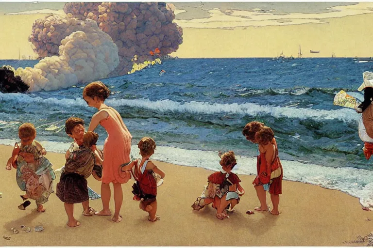 Prompt: kids playing at the beach, huge atomlc explosion in the background, wide angle shot, by norman rockwell, by mattias adolfsson, by alphonse mucha, oil on canvas,