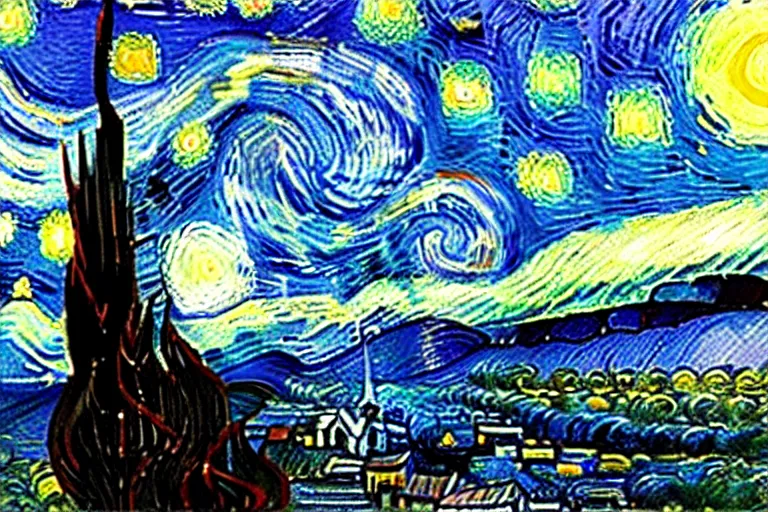 Image similar to starry night by van gogh made of colorful bismuth