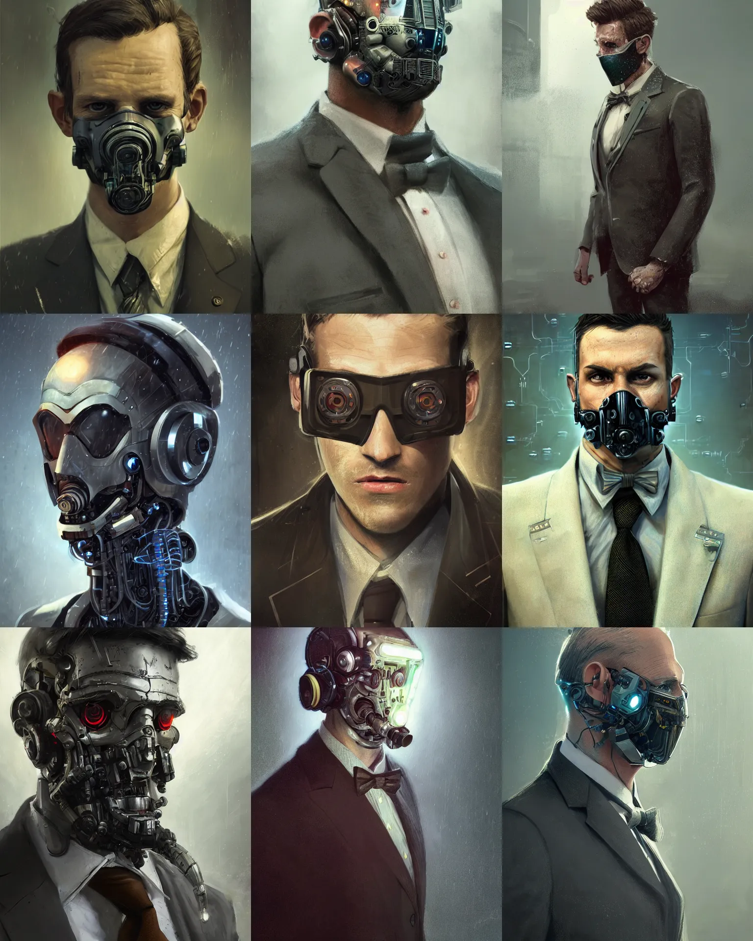 Image similar to a rugged young engineer man with cybernetic enhancements wearing a suit and bowtie, detailed face with mask, scifi character portrait by greg rutkowski, esuthio, craig mullins, 1 / 4 headshot, cinematic lighting, dystopian scifi gear, gloomy, profile picture, mechanical, half robot, implants, steampunk