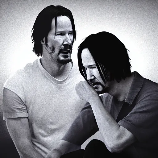 Prompt: keanu reeves breaking up with keanu reeves in front of a crowd of keanu reeves in the gym in hawkins, in the style of james jean, artstation trending, 8 k, 3 d render, photorealistic, volumetric lighting caustics, pink