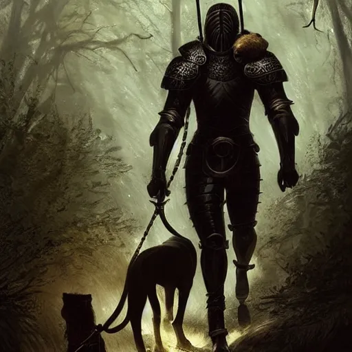 Image similar to a knight dressed in black armor,walking his pet lion on a leash in a forest,dramatic,detailed face,digital art,art by greg rutkowski,Akihiko Yoshida,artstation,deviantart,photorealistic,highly detailed,calm,natural lighting,hyperdetailed,Character design by charlie bowater, ross tran, artgerm, and makoto shinkai, detailed, inked, western comic book art, 2021 award winning painting