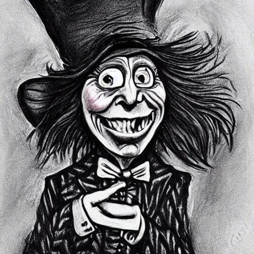 Image similar to horrifying charcoal drawing of the mad-hatter-willie-wonka-babadook