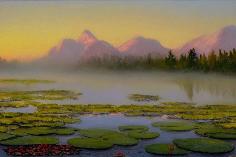 Prompt: impressionism painting of a pond of water lily on a foggy morning, sun low on horizon through snow capped mountains, soft light, misty