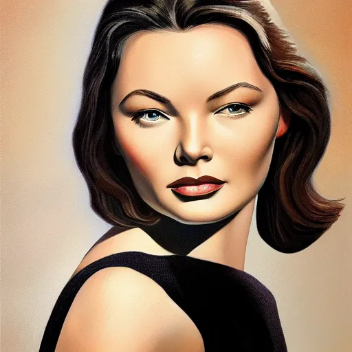 Image similar to young beautiful Gene Tierney color studio publicity photo , tight face shot portrait, highly detailed, digital painting, artstation, concept art, illustration, art , by John Clymer, in the style of John Clymer, painting by John Clymer