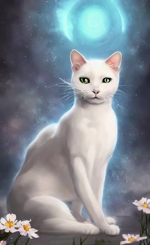 Image similar to a white cat with cosmos in its eyes, dynamic lighting, photorealistic fantasy concept art, trending on art station, stunning visuals, creative, cinematic, ultra detailed