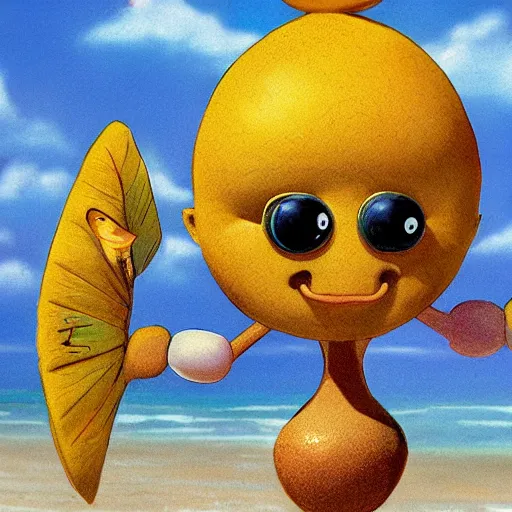 Image similar to a humonid muscular lemon cartoon character, is relaxing on a beach,, inspired by dalle - 2 generations