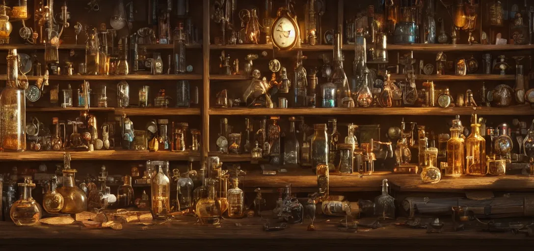 Prompt: An intricate scene with a lot of magic bottles and mechanisms of an alchemist, other bookshelves with bottles and alchemy stuff in the background::fantasy, detailed concept art, artstation, high details::8K, 4K, sharp focus, octane render