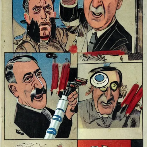 Image similar to comic book of angry jews with lightsabers and adolf hitler accurate eyes high detail