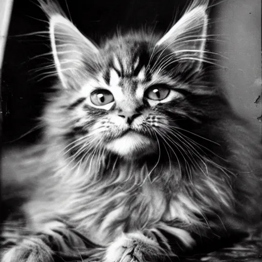 Image similar to close up of a maine coon kitten wearing soldier helmet in the battle, ww 2 historical photography, black & white