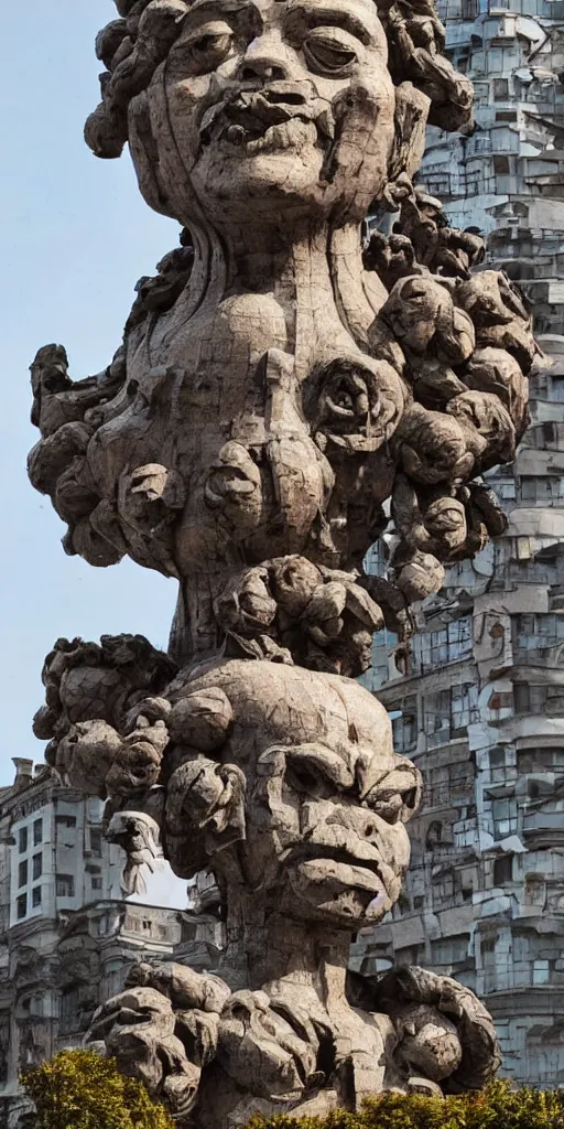 Image similar to colossal grotesque flower proletariat statue made from Lenin heads in the middle of abandoned early soviet constructivist cityscape, Stalinist architecture, ultradetailed by Hayao Miyazaki and Josan Gonzalez and Makoto Shinkai and Giuseppe Arcimboldo and Wes Anderson