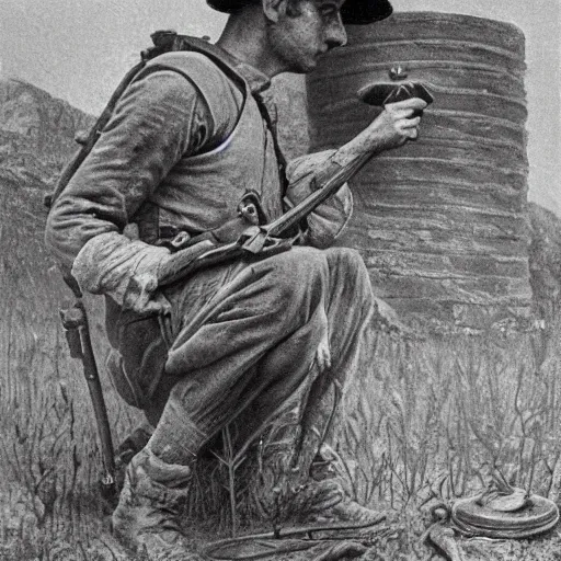 Prompt: a detailed photorealistic sepia - toned color portrait painting of a 1 9 1 7 worried clean - shaven british lieutenant in field gear in north arabia examining an ancient cylindrical clay jar, ultra realistic, intricate details, atmospheric, dark, horror, brooding, highly detailed, by clyde caldwell