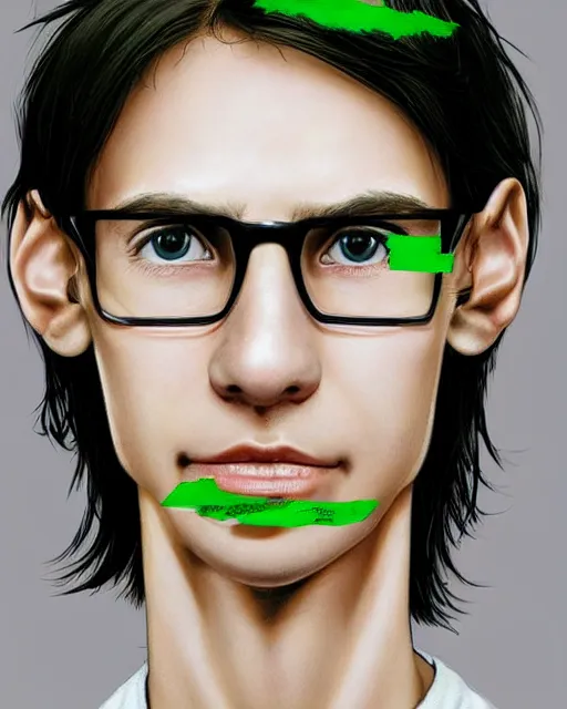 Prompt: portrait of a small, skinny 1 7 - year - old boy with a thin face, black hair, green eyes. wears round glasses held together with tape, thin scar on his forehead, hyper realistic face, beautiful eyes, character art, art by mark brooks, hyperdetailed, cryengine, trending on artstation, digital art