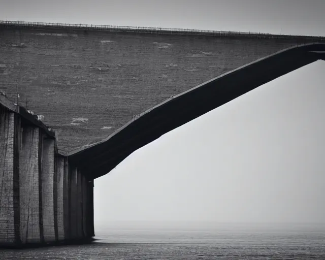Prompt: the biggest iron concrete bridge ever built. Spanning the arctic sea, connecting two distant lands. Hazy dream vision. This is what you see while passing out. Vignette haze, surreal forms, wide open space