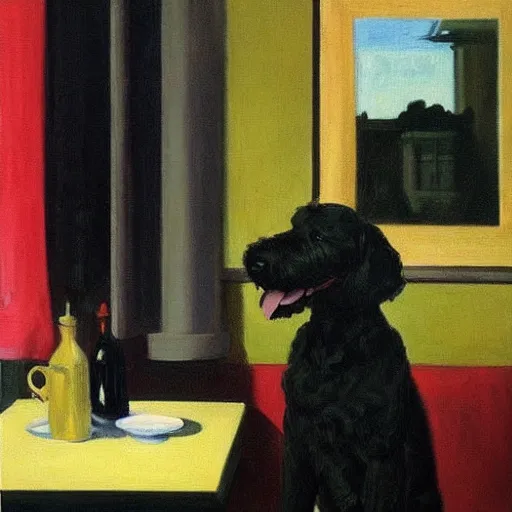 Image similar to Black Goldendoodle with a bright face and a puppy sitting at a diner drinking a cup of coffee, looking melancholy, edward hopper