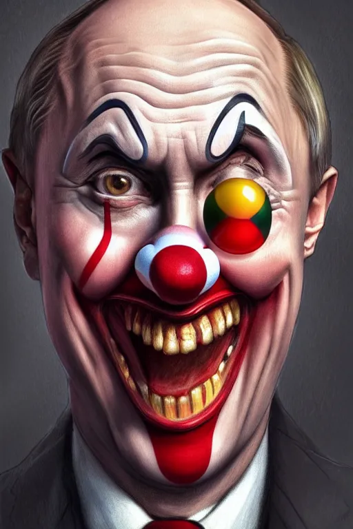 Image similar to vladimir putin as a stupid clown, funny, laughing, cartoonish, realistic portrait, symmetrical, highly detailed, digital painting, artstation, concept art, smooth, sharp focus, illustration, cinematic lighting, art by artgerm and greg rutkowski and alphonse mucha