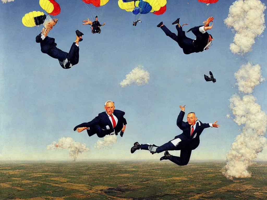 Prompt: benjamin netanyahu skydiving, plane and parachute in background, by norman rockwell and rene magritte, highly detailed