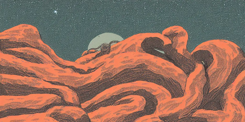 Prompt: a snake resting on an impossible rock formation, 1940s faded risograph print, illustration, limited color palette, earthtones, double-exposure, astrophotography