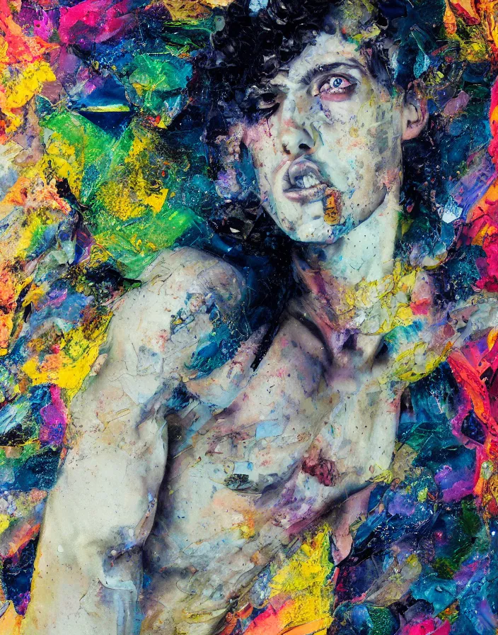 Prompt: vivid male celestial languid extasy detailed analogue mixed collage with canvas texture in style of contemporary art, punk art, realistic beautiful face, photorealism, expressionism, masterpiece, perfect composition, spectacular quality, intricate oil details, broken glass photo