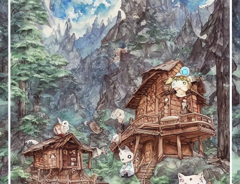 Prompt: cute and funny, a magicians cabin carved into a mountain, centered award winning watercolor pen illustration, edited by range murata, tiny details by artgerm and watercolor girl, sharply focused