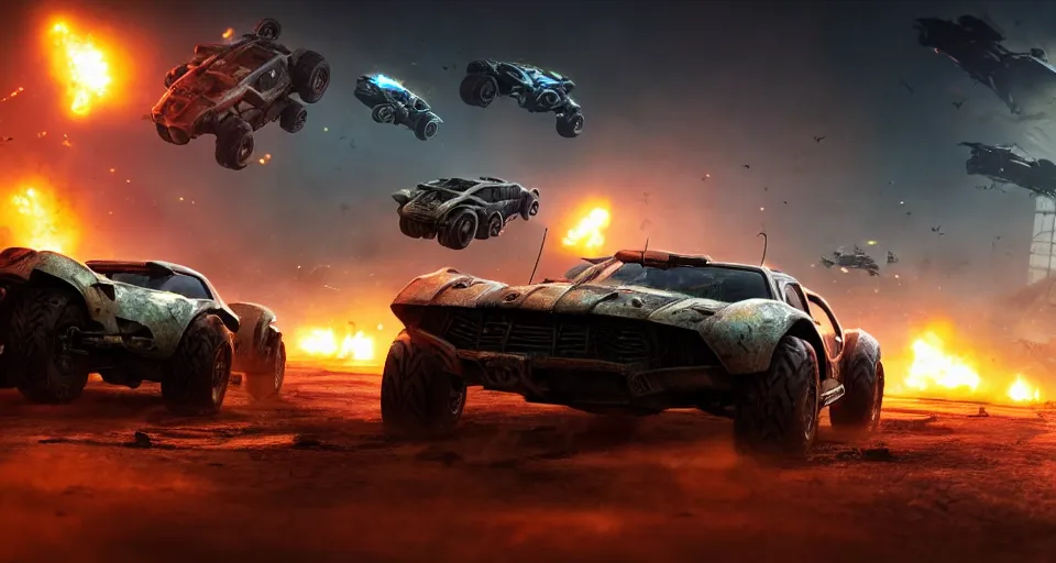 Image similar to macro closeup photo of halo warthogs being chased in a post apocalyptic city, night, smoke, dust, embers, mad max, action, speed, rocket league, volumetric lighting, hdr, need for speed, gta 5, ridley scott, syd mead, craig mullins, cinematic, octane