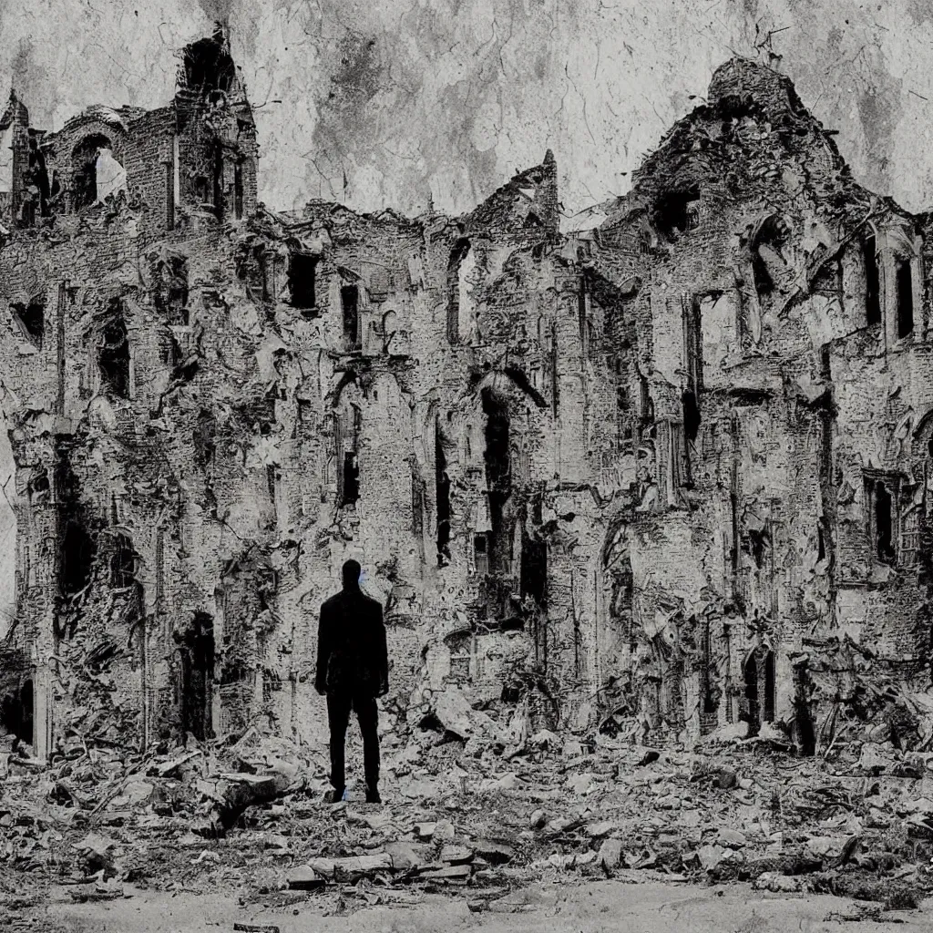 Image similar to lone soldier standing in front of a crumbling ruined church by bill sienkiewicz